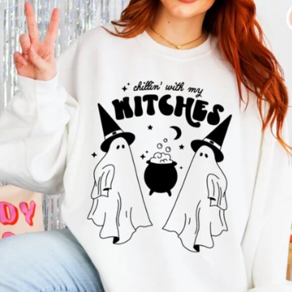 Tops - Halloween Chillin with my witches NEW white crewneck sweatshirt